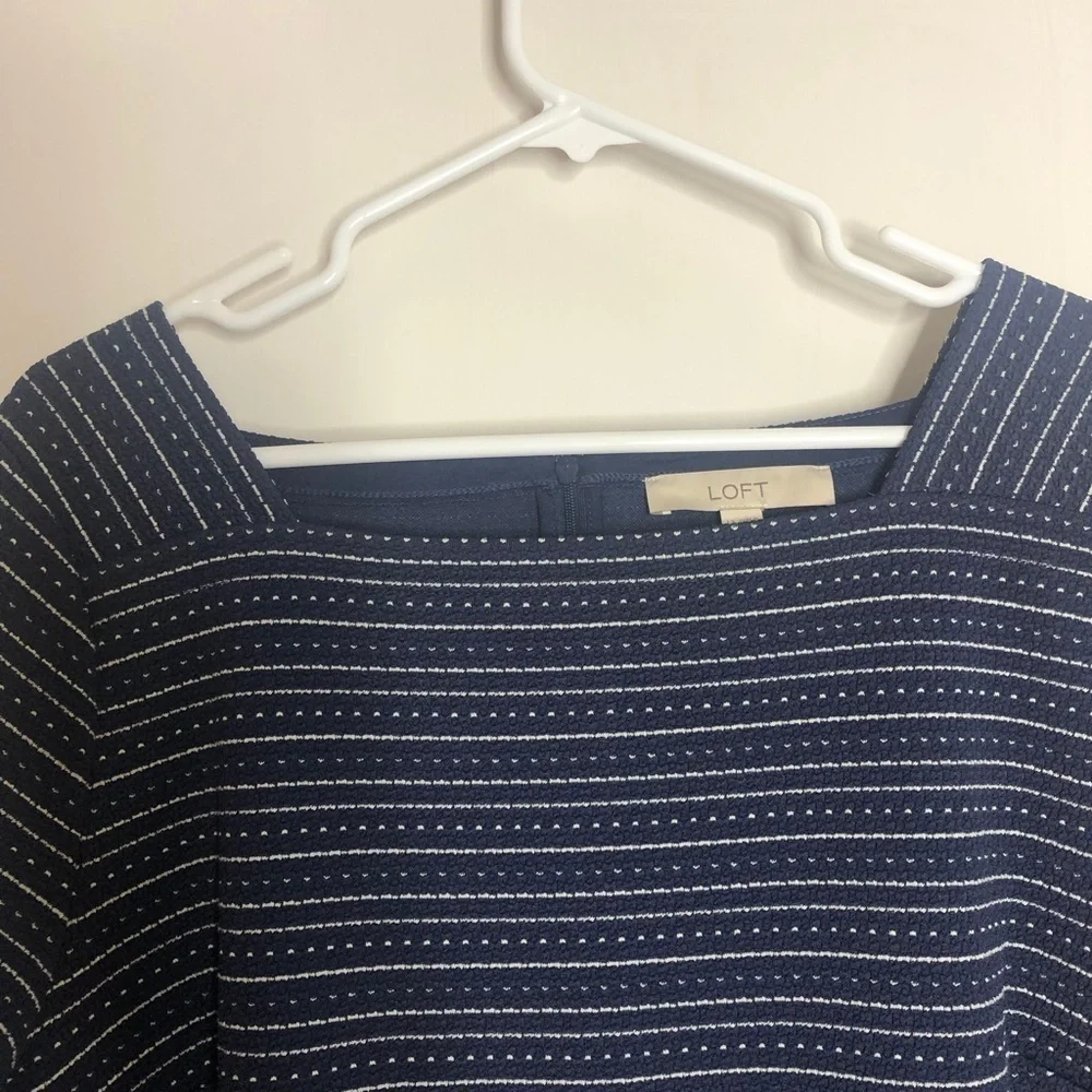 LOFT Blue/White Textured Stripe Square Neck Dress 3/4 Sleeve size Large …
